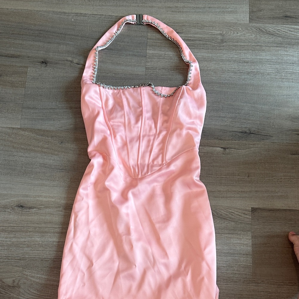 Oh Polly Pink Halter Satin Dress with Embellished Neckline